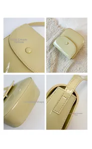 Détails du sac selle jaune crème avec sangle renforcée et tissu en cuir verni brillant