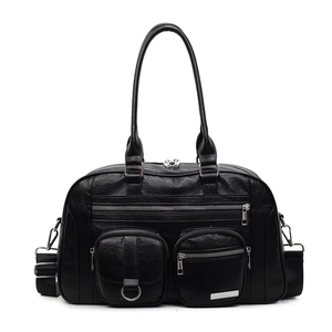 Grande borsa tote in pelle PU nera con tre tasche a zip e finiture in metallo argento