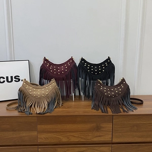 Retro studded fringe hobo bag in four colors with suede texture and boho tassels