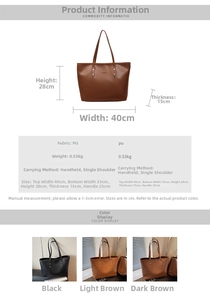 Detailed size chart and material specifications for this large PU leather tote bag