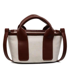 Elegante borsa tote piccola in tela e similpelle marrone dotata di tracolla sottile