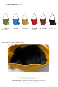 Detail view of suede bucket bag showing spacious interior and colorful coin pouch options