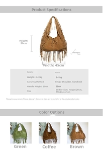 Detailed size specifications and color options for the bohemian fringe tote bag