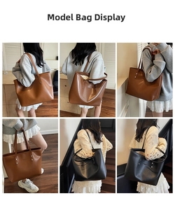Detail shots of large tote bag in brown and black leather with silver rivet reinforcements
