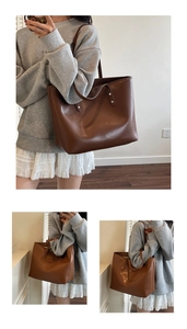 Detailed close-up of brown PU leather tote bag featuring metal rivet and embossed logo