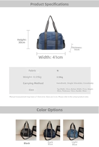 Detailed size chart and multi-color view of this large denim patchwork tote bag