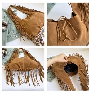 Detail view of brown suede hobo bag with long fringes, inner lining, and zipper pocket