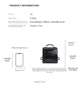 Detailed size comparison of black PU leather backpack with iPhone 16 Pro Max dimension guide