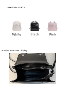 Three-color backpack display with interior pockets and buckle closure detail