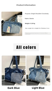 Detailed size specifications for large denim tote bag in dark and light blue colors