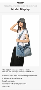 Detail of blue patchwork denim messenger bag with frayed edges and wide black strap