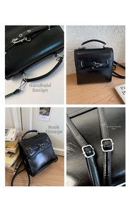 Detail view of glossy leather backpack featuring reinforced handle and metal buckle hardware