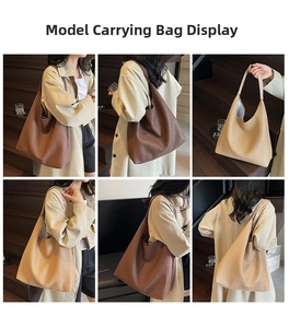 Detailed views of large woven tote bag in dark brown and beige on a model