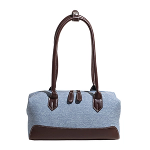 Sac à bandoulière rétro en denim avec bordure en cuir marron et double fermeture