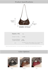 Detailed size chart and multi-color view of punk style PU pleated crossbody bag