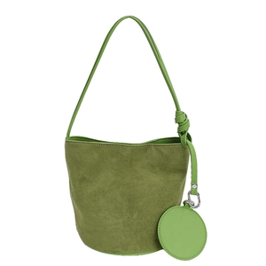Grass green suede bucket bag with matching round coin purse and knotted leather strap
