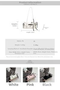 Size guide and color options for a minimalist PU leather handbag with heart charm