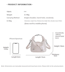 Size comparison of a white bow knot pleated dumpling bag next to an iPhone 16 Pro Max