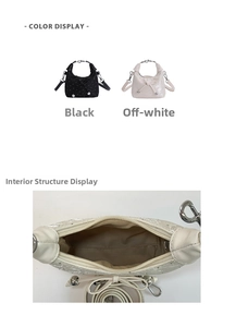 Detail view of sequined bucket bag interior with metal zipper and fabric lining