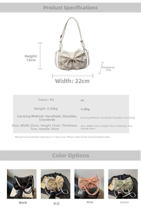 Detail showing dimensions 22x13x7cm and material of bow shoulder bag with pearl chain