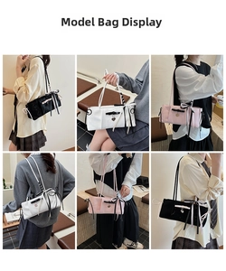 Collage of model wearing a stylish rectangular underarm bag with bow and heart charms
