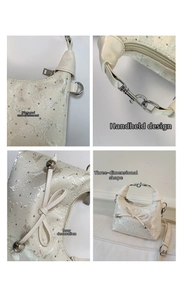 Detail view of cream bucket bag with glitter rhinestones and decorative silver bow