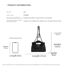 Detailed size comparison of the black rhinestone crossbody bag with iPhone 16 Pro Max