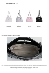 Detail view of quilted leather handbag featuring magnetic closure and inner zipper pocket