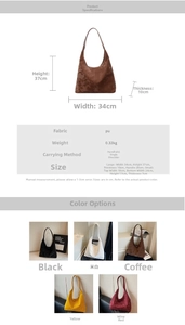 Detailed size specifications and color options for this vintage suede tote bag