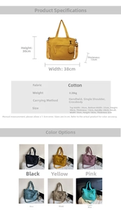 Tableau des tailles et options de couleurs pour le grand sac fourre-tout en toile femme