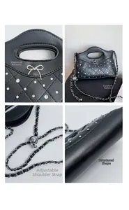 Detailansicht der gesteppten schwarzen Ledertasche mit Strass und Totenkopf-Schnalle