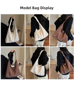 Detail shots of large suede hobo tote bag in beige and brown for daily commuting