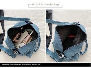 Detailed interior of vintage denim crossbody bag showing large capacity with pockets