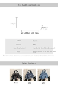 Detailed size specifications and three color options for the denim crossbody square bag