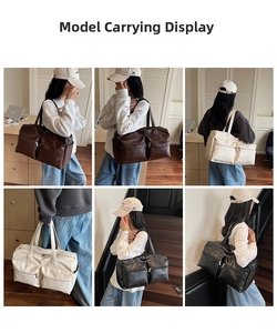 Three travel tote bags in dark brown, beige, and black shown in multiple model views