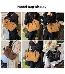 Multiple views showing large quilted tote bags with chain straps on a fashion model
