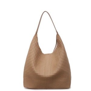 Minimalist khaki large capacity woven tote bag for women with smooth shoulder straps