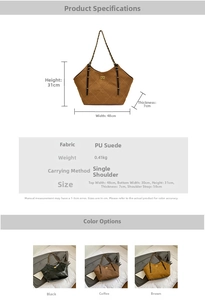 Detailed size specifications for a large quilted tote bag with chain strap dimensions