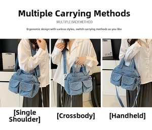 Detailed views of vintage denim crossbody bag showing handheld, shoulder and crossbody styles