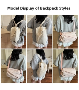 Detailed views of beige pleated canvas bag showing multi-way wear for shoulder and crossbody