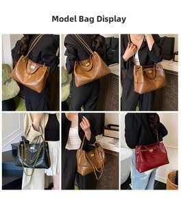 Quilted tote bags with gold chains in brown black and red colors shown on models