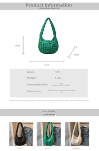 Quilted cloud shoulder bag specifications detail showing dimensions and color options