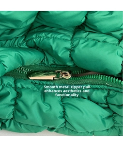 Macro detail of glossy gold hardware zipper and green quilted nylon fabric on a bag