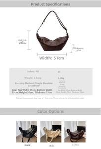Guide des dimensions du sac hobo en cuir PU montrant la taille et le poids de 0,43kg
