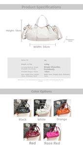 Detailed spec sheet showing PU leather bag dimensions, 132cm strap, and color variations