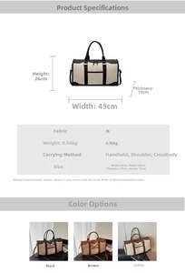 Detailed size chart and dimensions for the large canvas travel tote and weekend fitness bag
