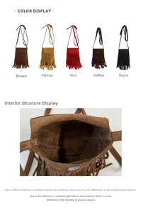 Détails des franges et de l'intérieur des sacs bandoulière vintage en cinq couleurs
