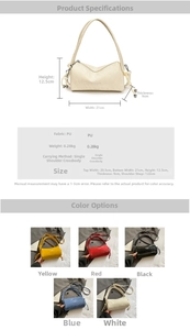 Detailed size chart for the PU pillow crossbody bag with five color variants shown