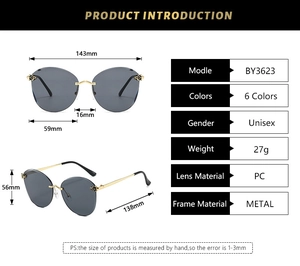 Sizing chart and specifications for rimless sunglasses with bear decor and metal frame