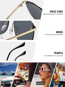Close-up of golden metal hinges and nose pads on rimless bear-decorated sunglasses